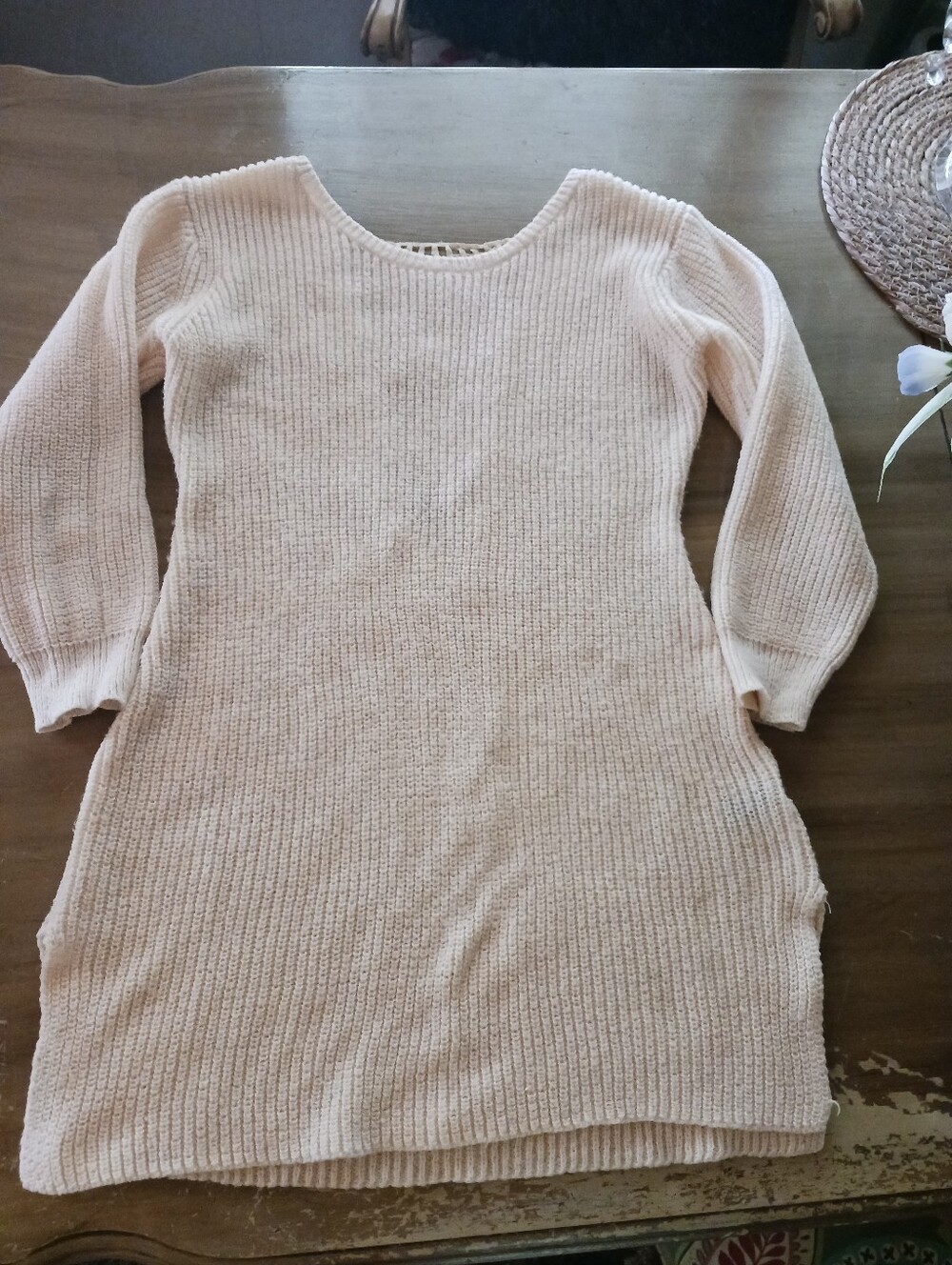 Shein Sweater Dress Tunic Cream Crochet Back Side Vents Womens L Fall Winter